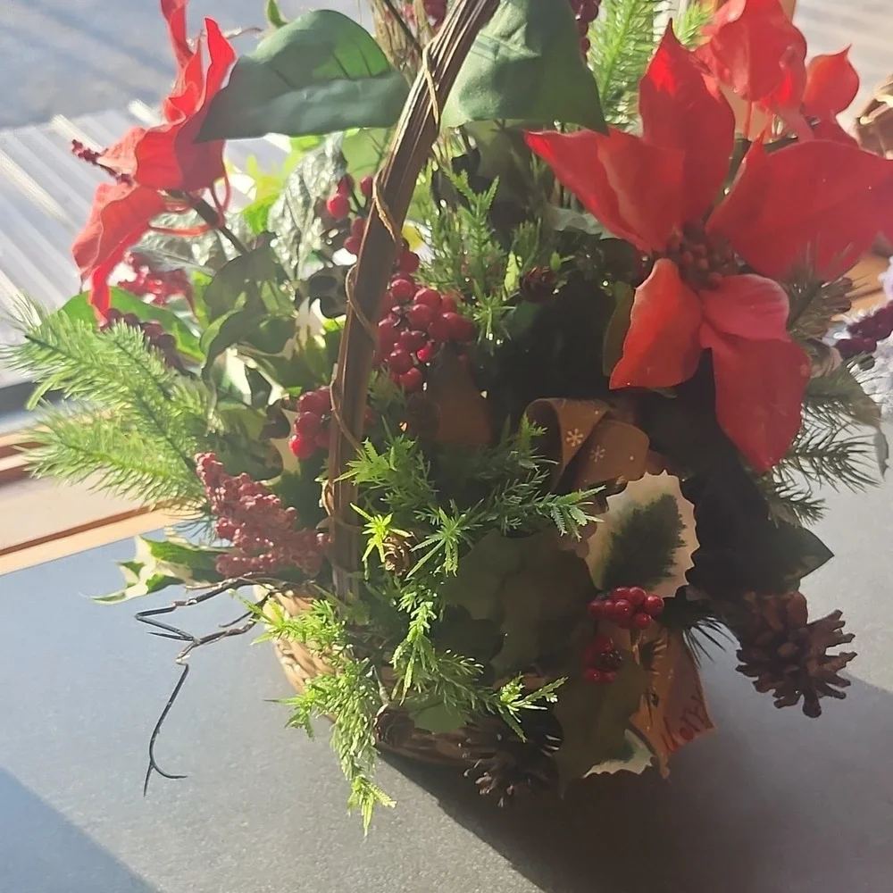 Artificial Poinsettia and Pinecone Christmas Flower Basket Arrangement